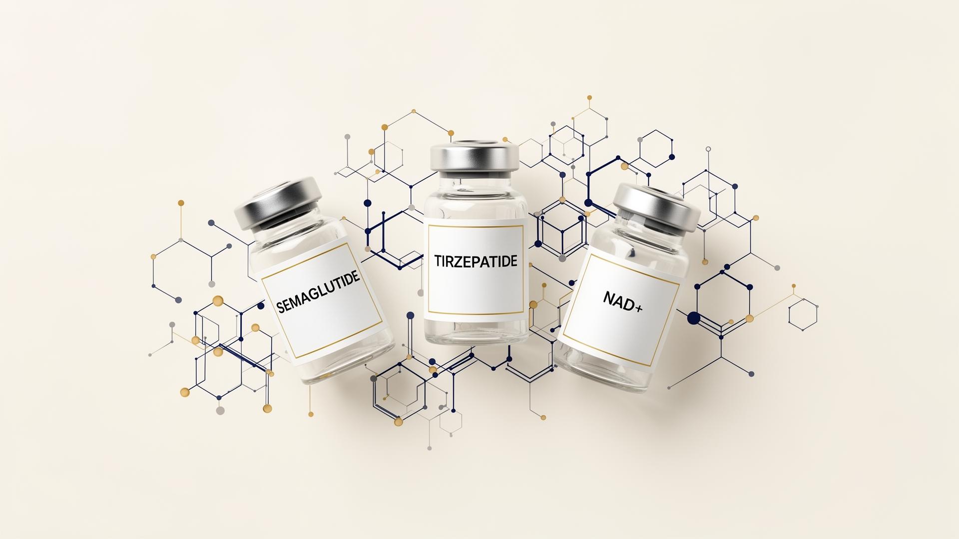 Novo Longevity compounded vials with molecular line diagrams